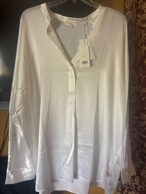 Vince White Satin Split-Neck Tunic Blouse